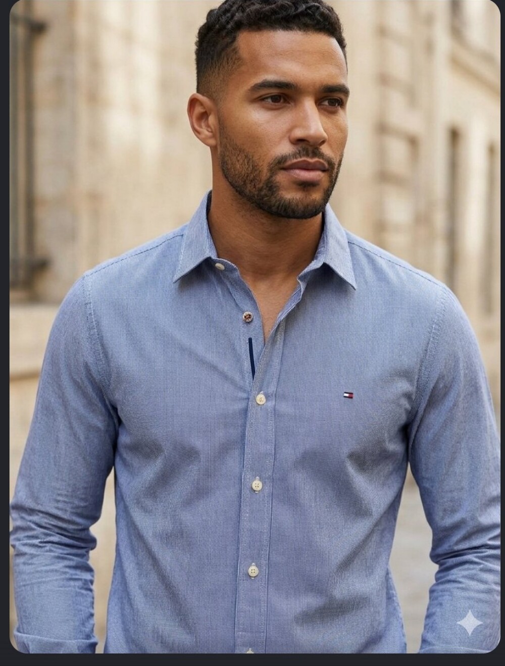Tommy Hilfiger Blue and White Fine Striped Custom Fit Button Up Shirt